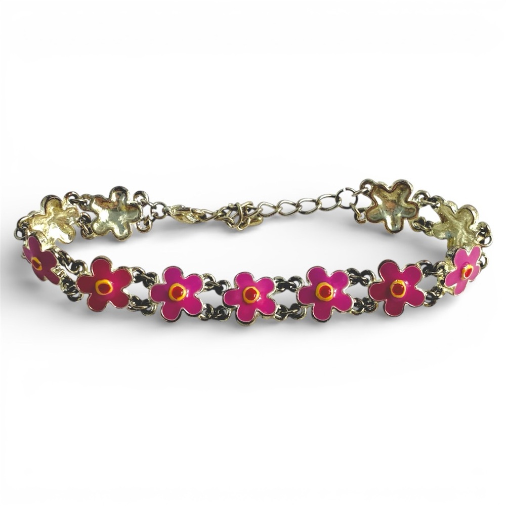 Daisy Chain Bracelet Pink Flowers Silver Tone Metal